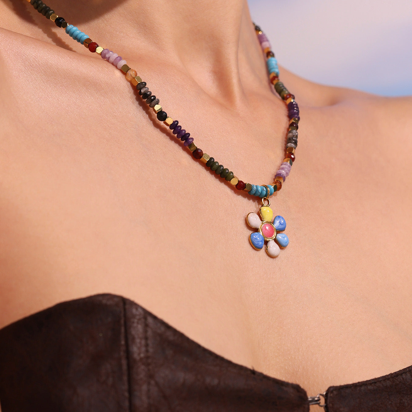 Planderful Flower Agate Necklace Beaded Collarbone Women