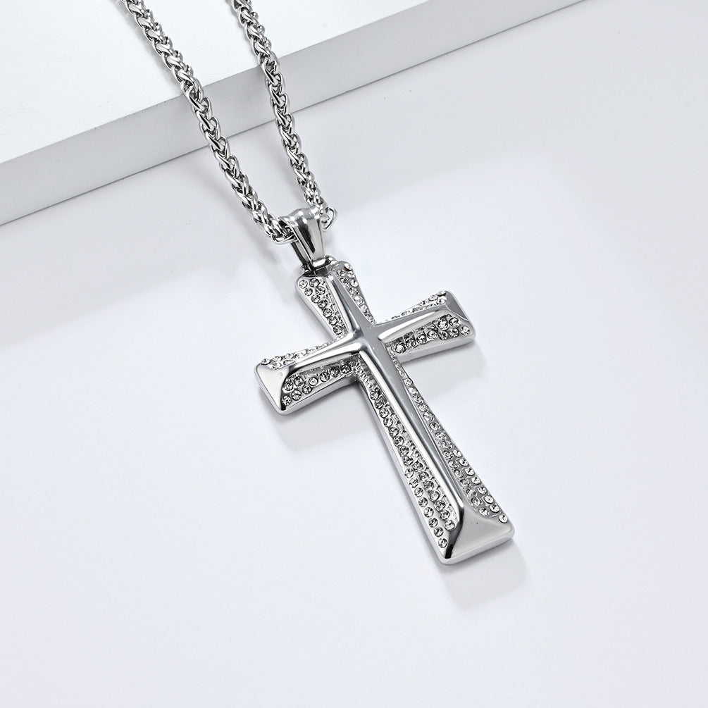 Planderful Premium Gold Plated Zircon Cross Necklace Titanium Steel Unisex Hip Hop Jewelry