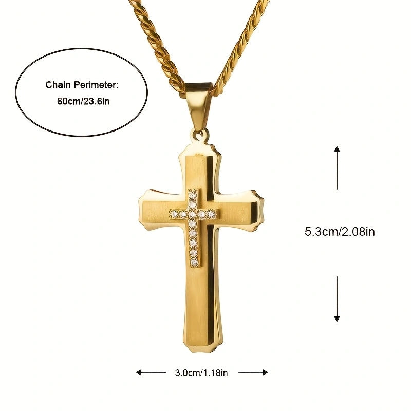 Planderful Titanium Steel Cross Pendant Necklace Three Layer Zircon Men Punk Style