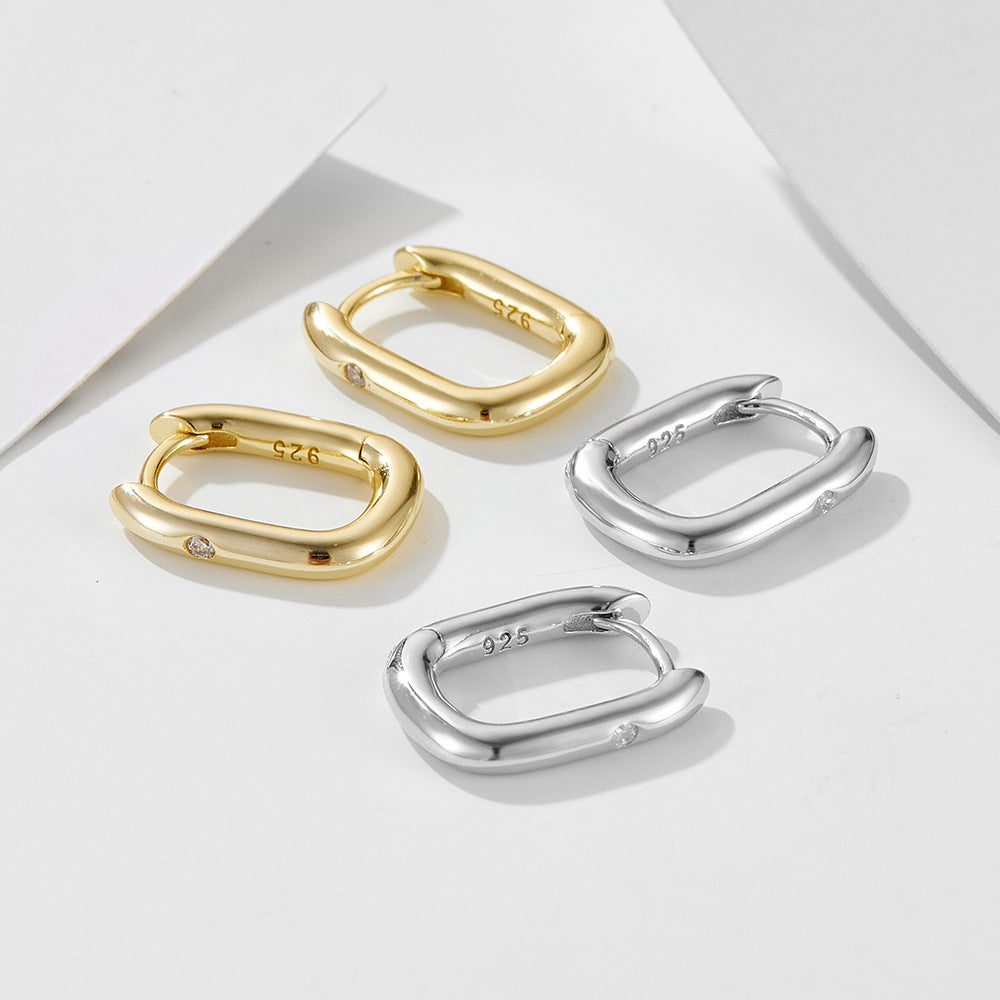 Cold Wind Retro Geometric Smooth Surface Oval U-Shaped Sterling Silver Earrings Versatile Zircon