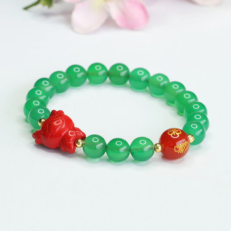 Zodiac Dragon Sterling Silver Bracelet with Natural Green Chalcedony and Red Sand Cinnabar