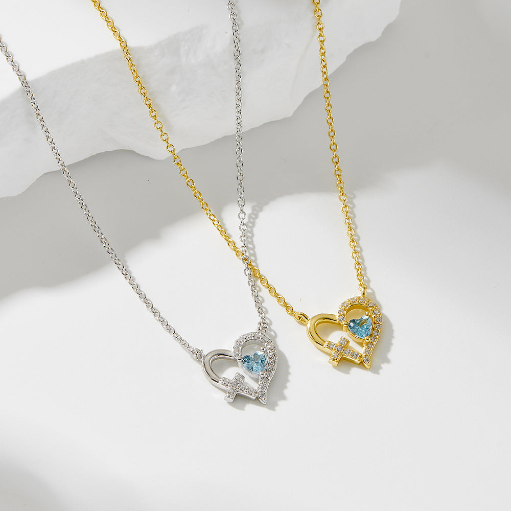S925 Sterling Silver Hollow Cross Love Necklace Zircon Heart Pendant Necklace