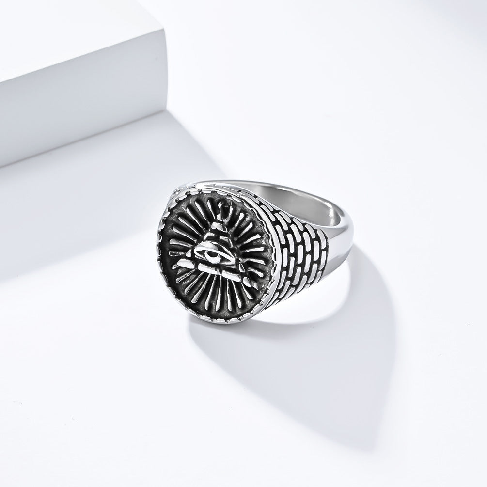 Vintage Egyptian Triangular Pyramid Stainless Steel Ring for Men