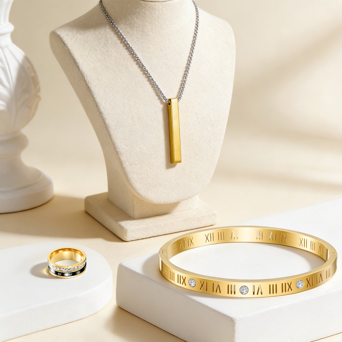 Roman Numeral Ring Bracelet Necklace Set by Planderful Everyday Genie Stainless Steel Personalized Jewelry for Women