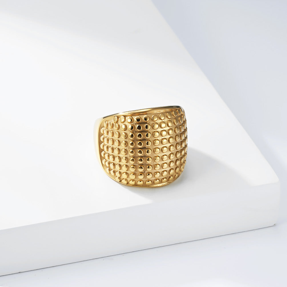 Planderful Everyday Genie Unisex Stainless Steel Ring Gold Plated Hammer Dot Texture Glossy Finish