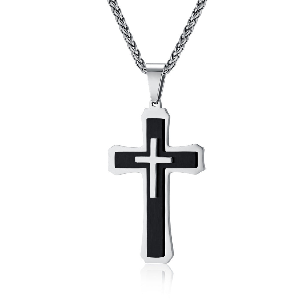 Three-Layer Titanium Steel Cross Pendant Necklace for Men