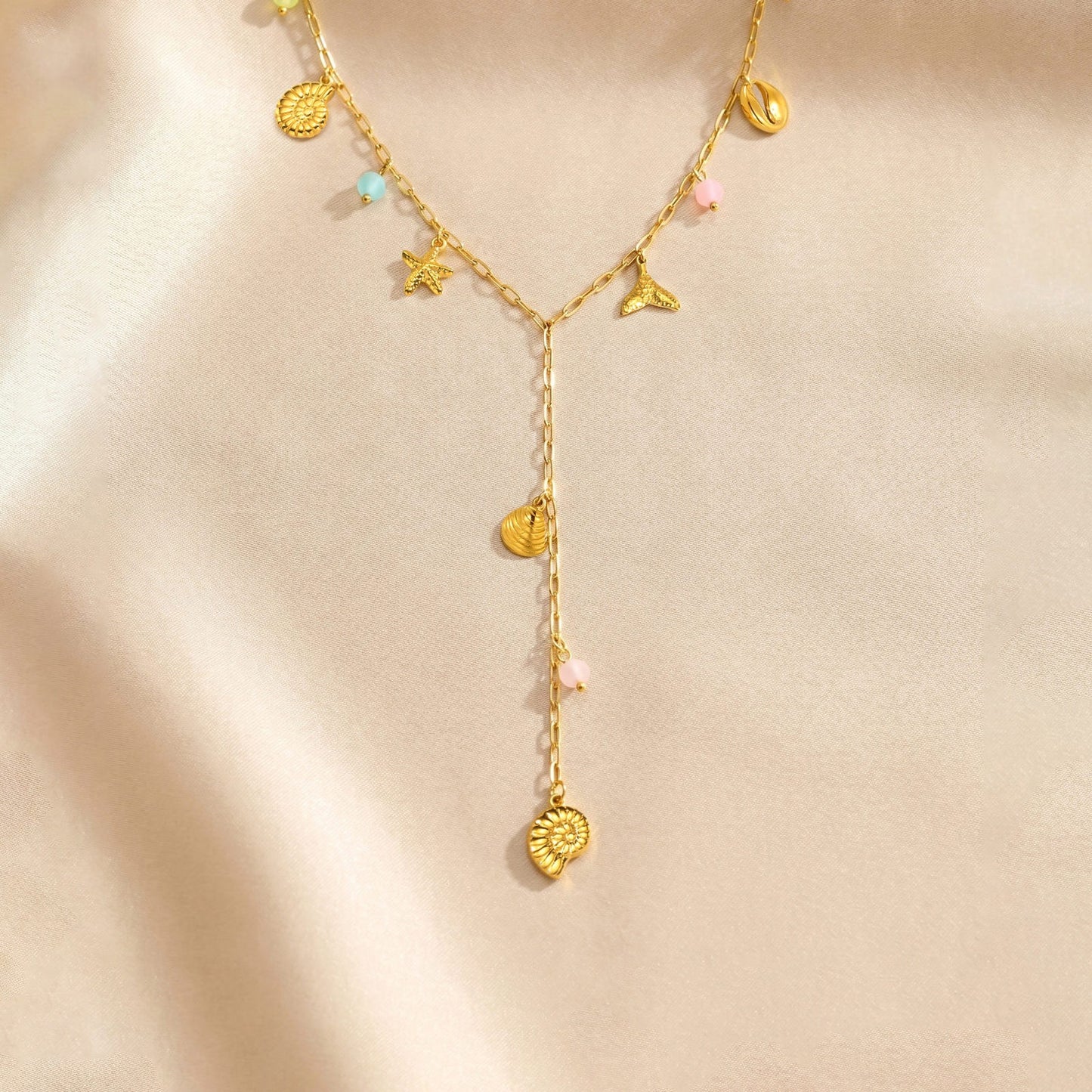 Ladies Gold Stainless Steel Ocean Natural Stone Y-Shaped Necklace Stacked Daily Gift