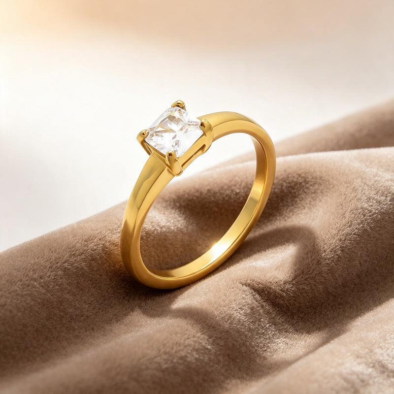 Stainless Steel Marriage Proposal Zircon Ring Four-Claw Inlaid Round Zircon Square