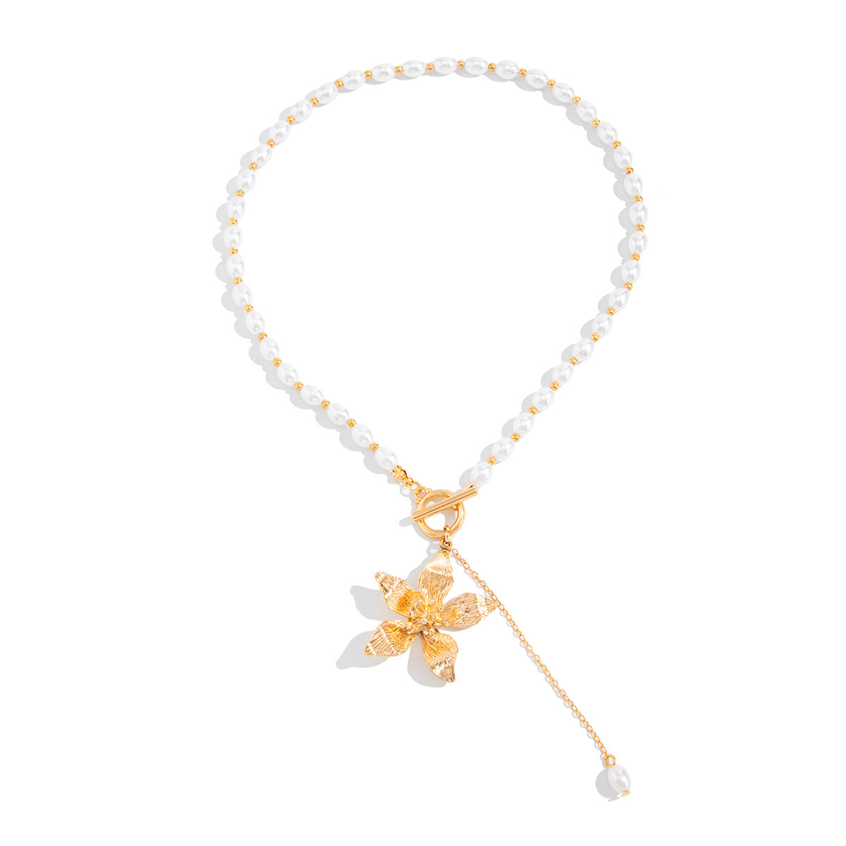 French Flower Pendant Retro Pearl Necklace Ot Buckle Beaded Collarbone