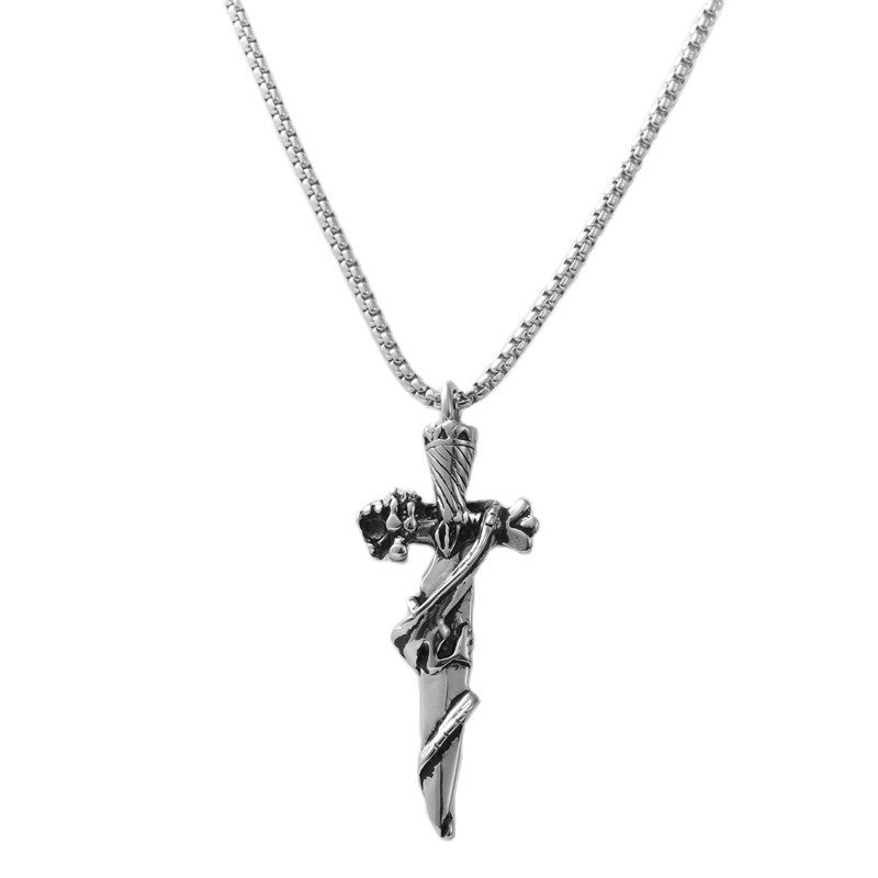 Titanium Steel Retro Cross Sword Pendant Necklace for Trendy Men and Women
