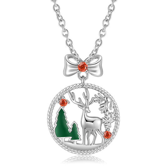 Christmas Elk Hollow Circle Red Zircon Silver Necklace
