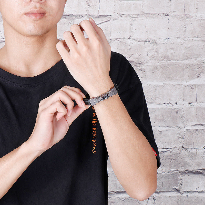 Planderful Men Punk Chain Leather Bracelet Stainless Steel