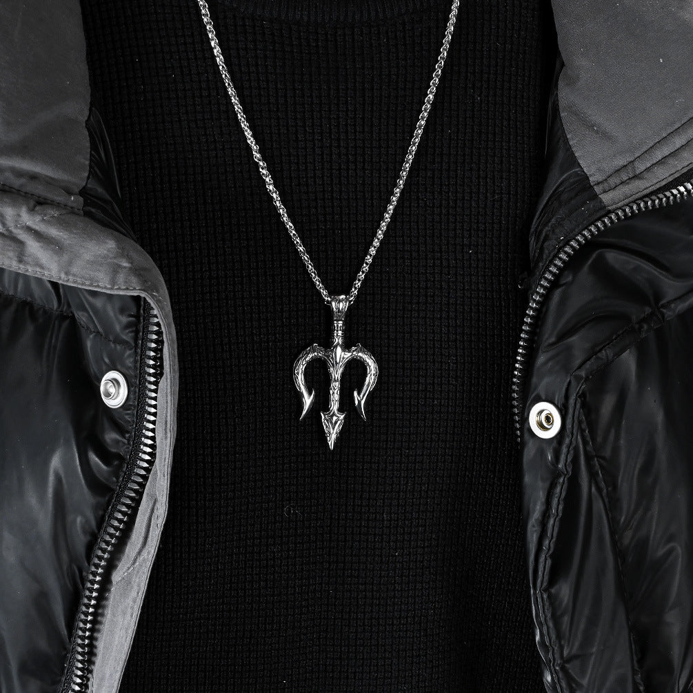 Steel Necklace - Vintage Trident Pendant For Men Everyday Hip Hop Jewelry By Planderful