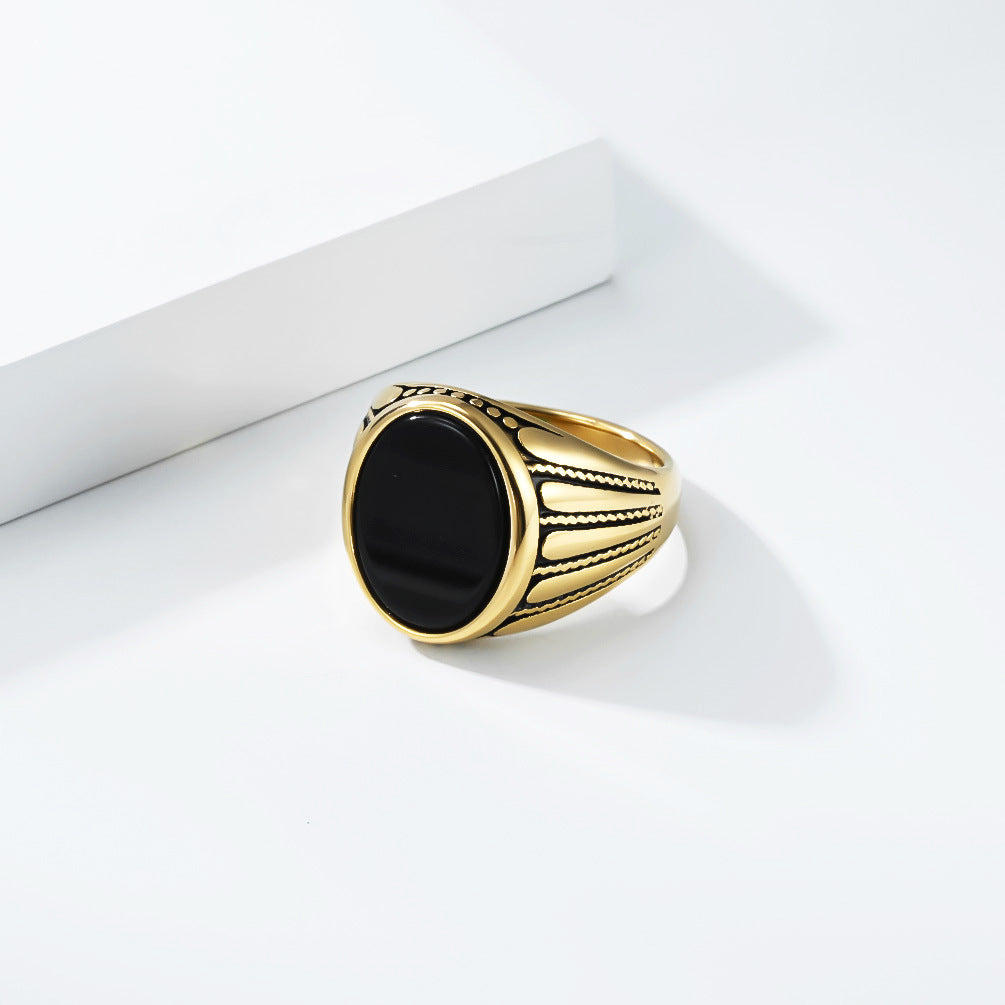 Planderful Everyday Genie Oval Black Stone Ring For Men Unisex Durable Stainless Steel Jewelry
