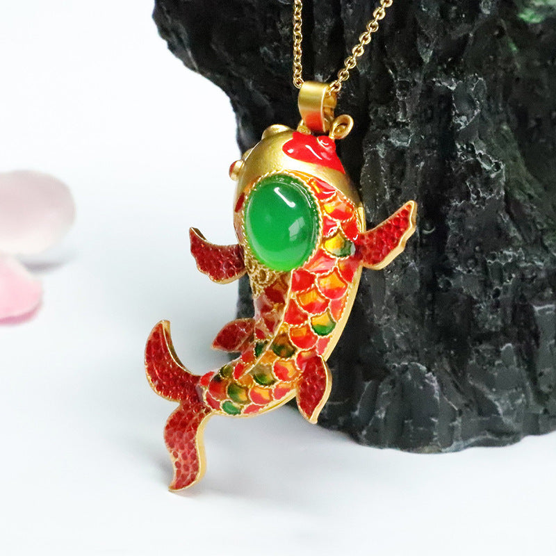 Ice Emperor Green Chalcedony, Enamel Goldfish Pendant
