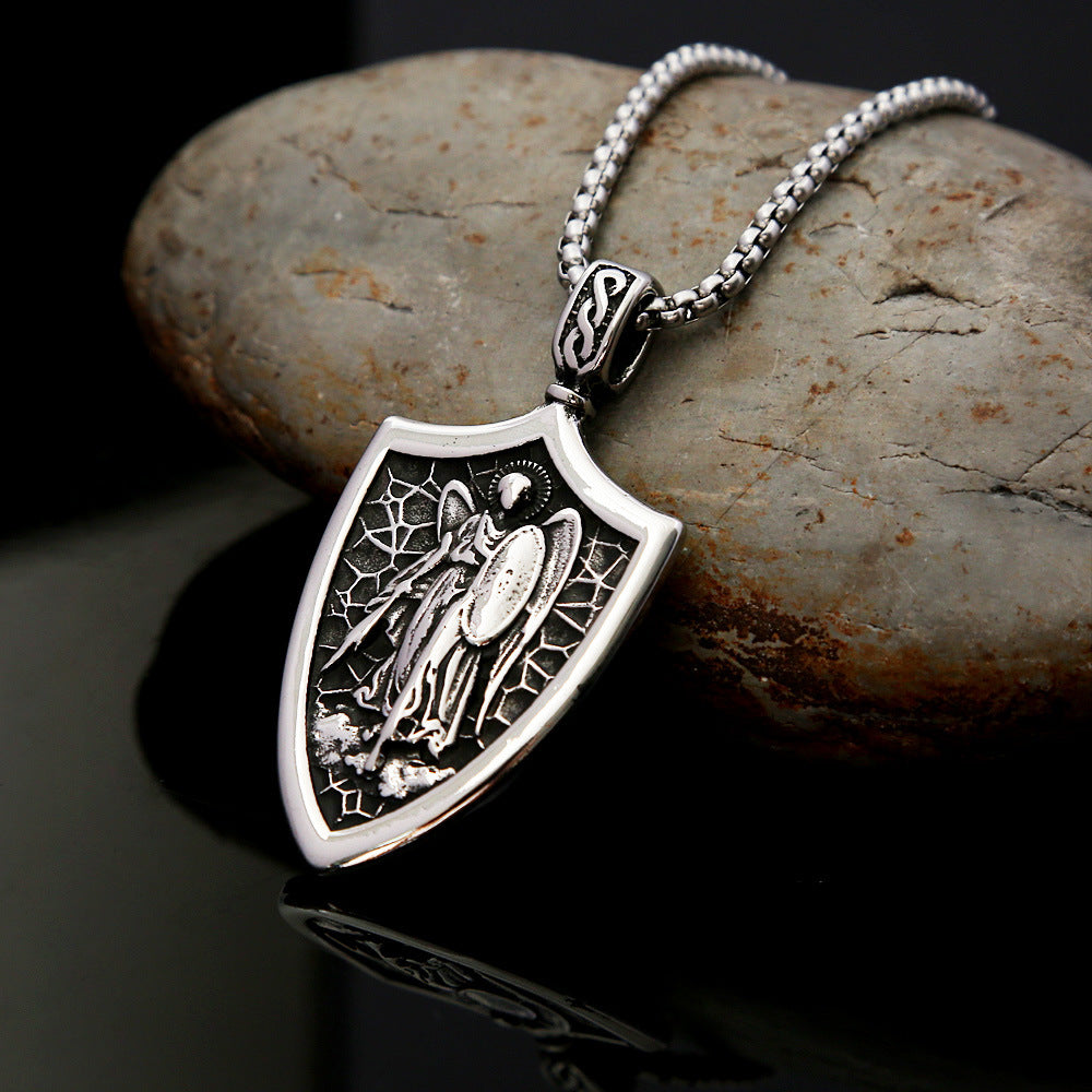 Vintage St. Michael Angel Stainless Steel Men's Pendant Necklace