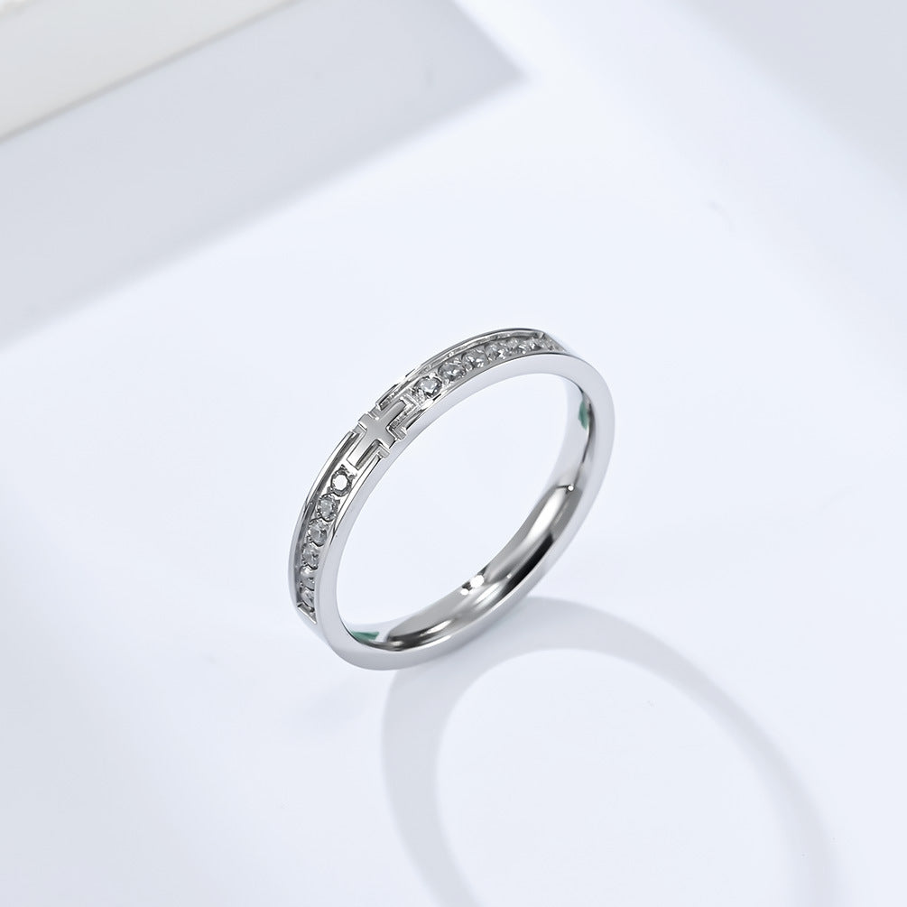 Titanium Steel Zircon-Encrusted Cross Love Ring for All