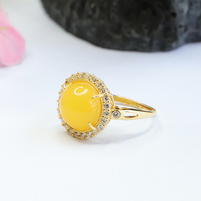 Natural Beeswax Amber Zircon Sterling Silver Halo Ring - Adjustable Diameter