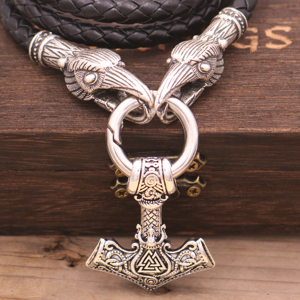 Viking Odin Thunder Hammer Necklace with Rune Characters and Crow Head Pendants