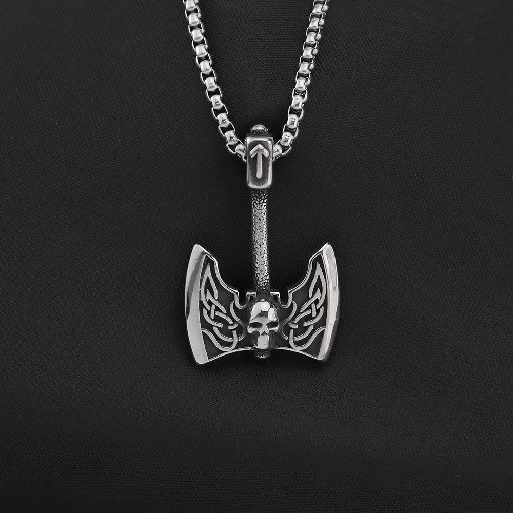 Planderful Viking Rune Skull Pendant For Men Stainless Steel Necklace With Angel Wings Axe Motif