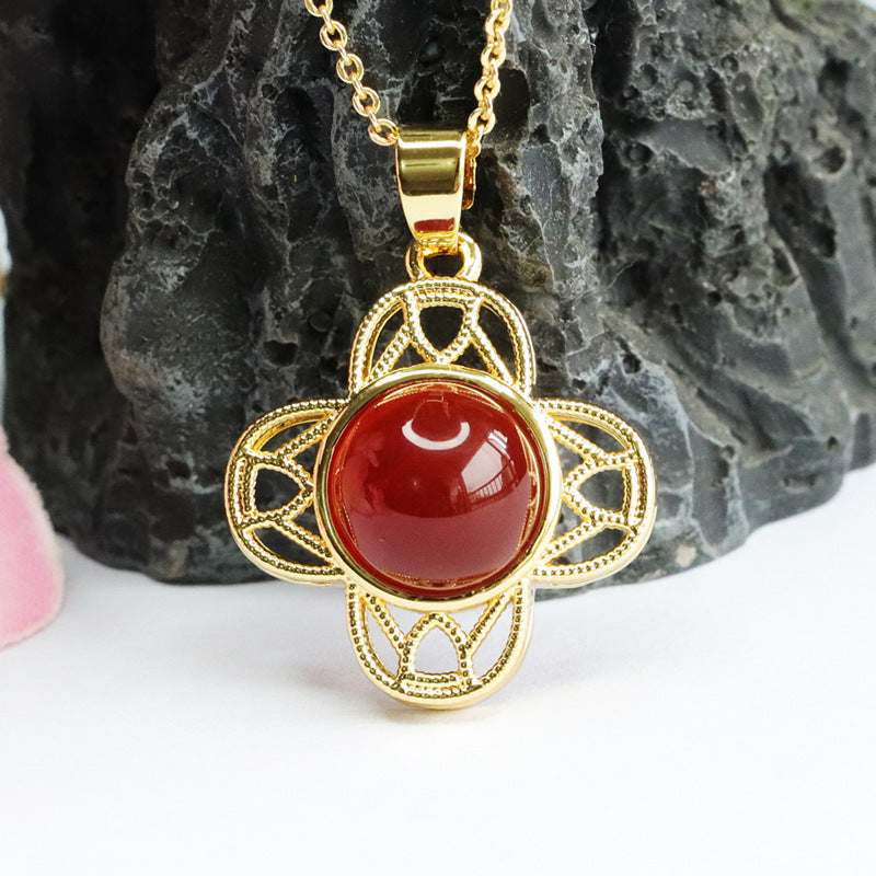 Red Agate Hollow Clover Pendant Necklace Jewelry With Sterling Silver Chain