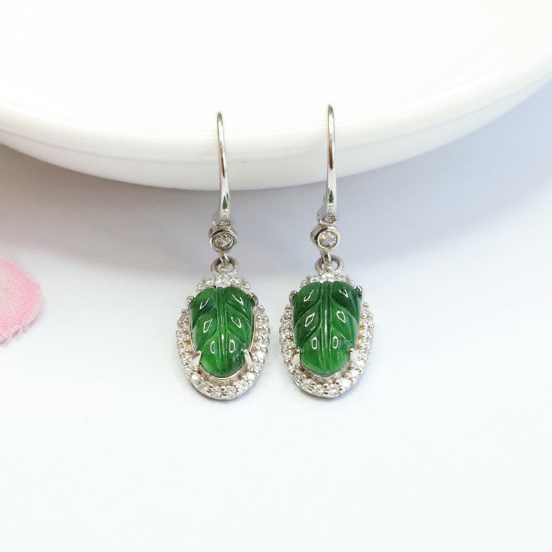 Icy Green Jadeite Leaf Halo 925 Silver Hook Earrings