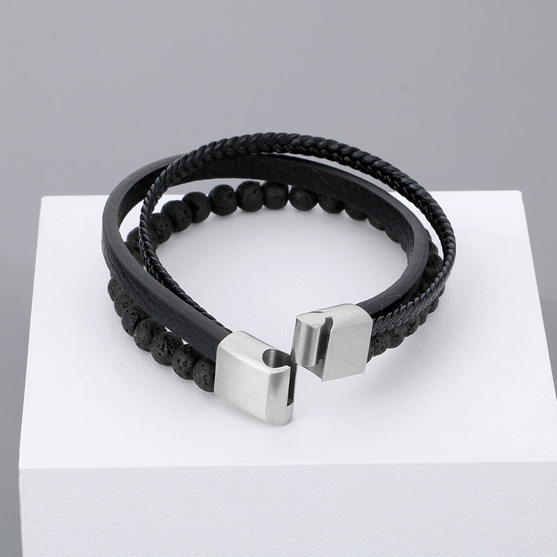 Planderful Men Beaded Leather Stainless Steel Bracelet