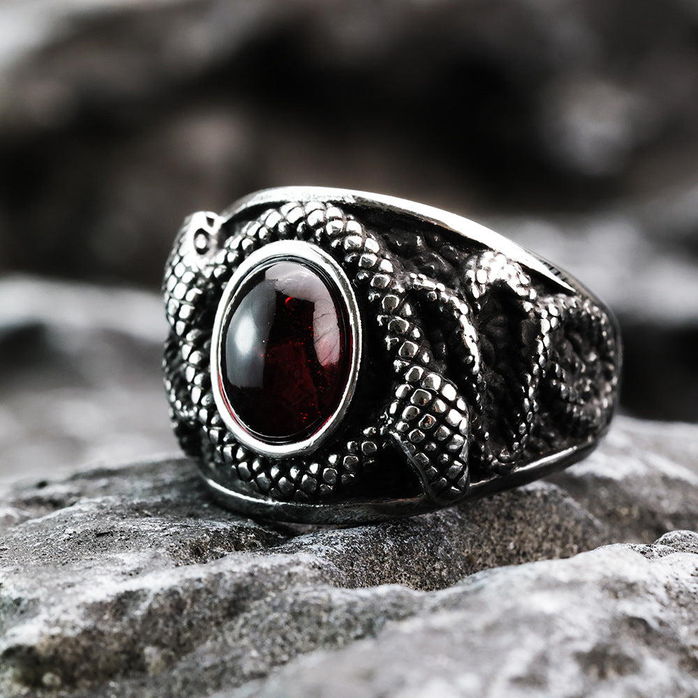 European And American Retro Stainless Steel Men's Ring Personalized Ruby Double Snake Ring