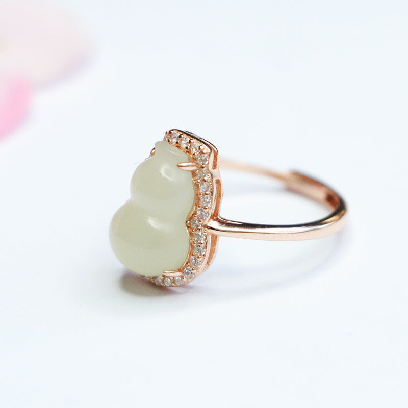 Sterling Silver Adjustable Gourd Ring with Natural Hetian Jade and Zircon