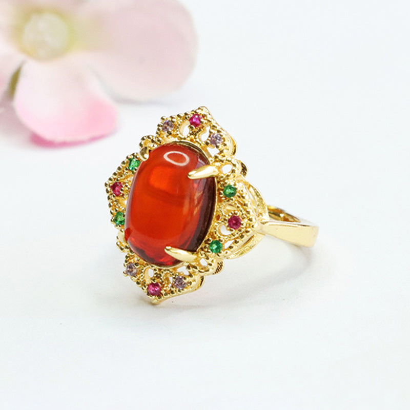 Ethnic Style Sterling Silver Ring with Beeswax Amber