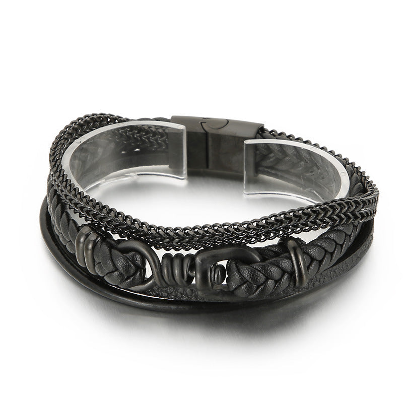 Planderful Mens Leather Bracelet Magnetic Buckle Steel