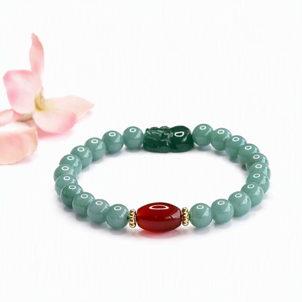 Blue Water Jadeite Pixiu & Barrel Bead Beaded Bracelet