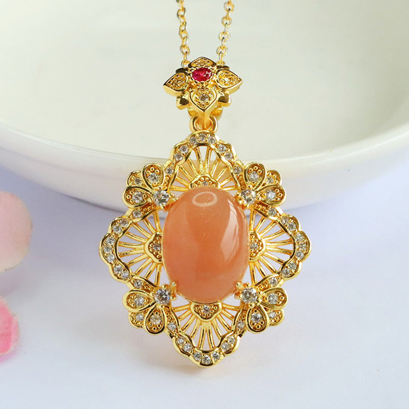 Orange Moonstone Openwork Leaf Pendant — No Chain