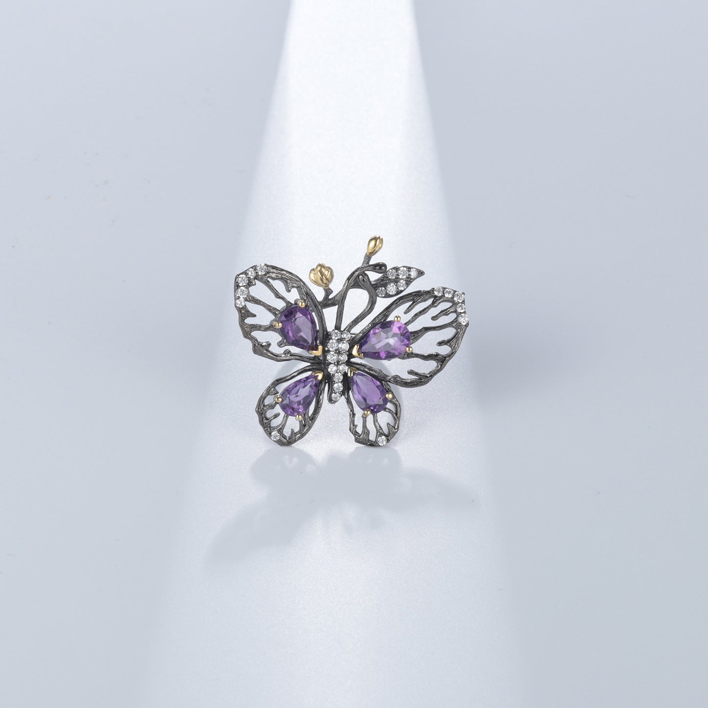 Hollow Out Butterfly Natural Gemstones Opening Silver Ring