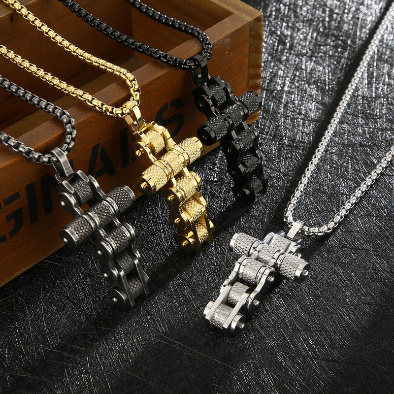 Creative Bicycle Chain Cross Pendant, Retro Hip-Hop Nightclub Men's Titanium Steel Square Pearl Necklace