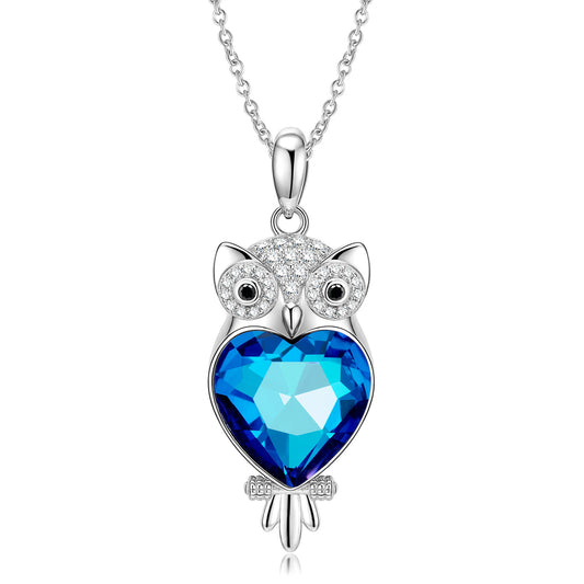 Owl with Heart Shape Blue Crystal Silver Necklace