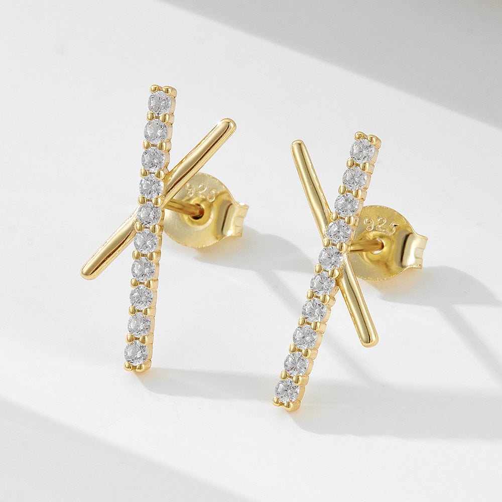 S925 Sterling Silver Geometric Cross Letter X Zircon Stud Earrings
