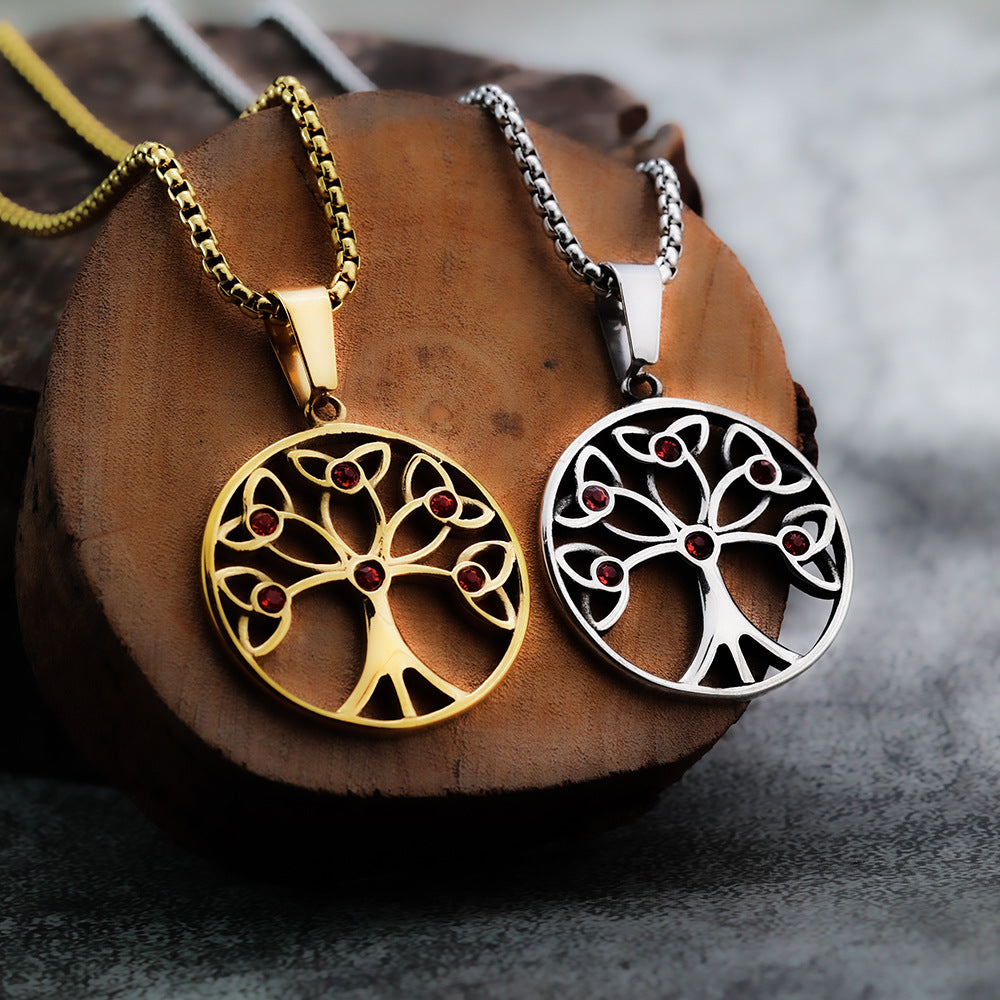 European And American Jewelry Wholesale Titanium Steel Men's Pendant Necklace Inlaid Zircon Tree Of Life
