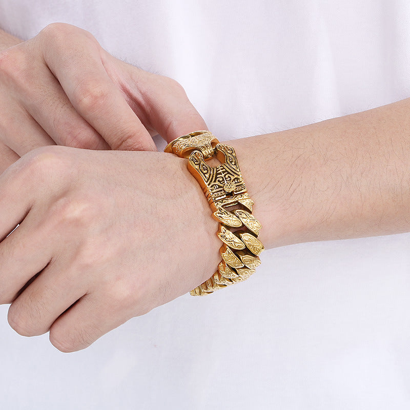 Planderful Mens Titanium Steel Bracelet Tang Grass Pattern