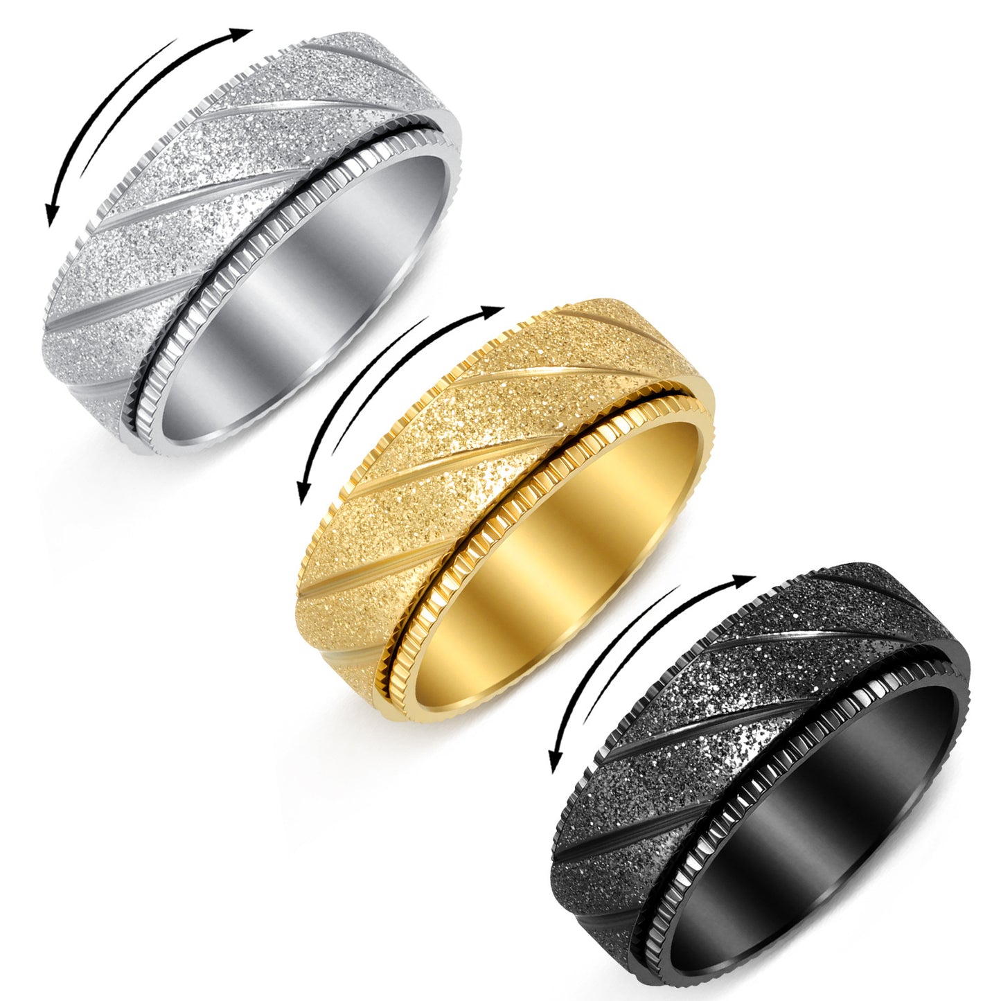 Planderful Titanium Steel Ring Unisex Rotatable Oblique Stripe Matte Finish Everyday Genie Statement