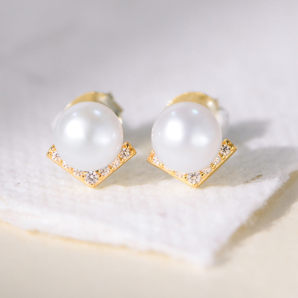 Planderful Shop S925 Sterling Silver Pearl Stud Earrings V Shaped Zircon Inlaid Natural Pearl Women Luxury