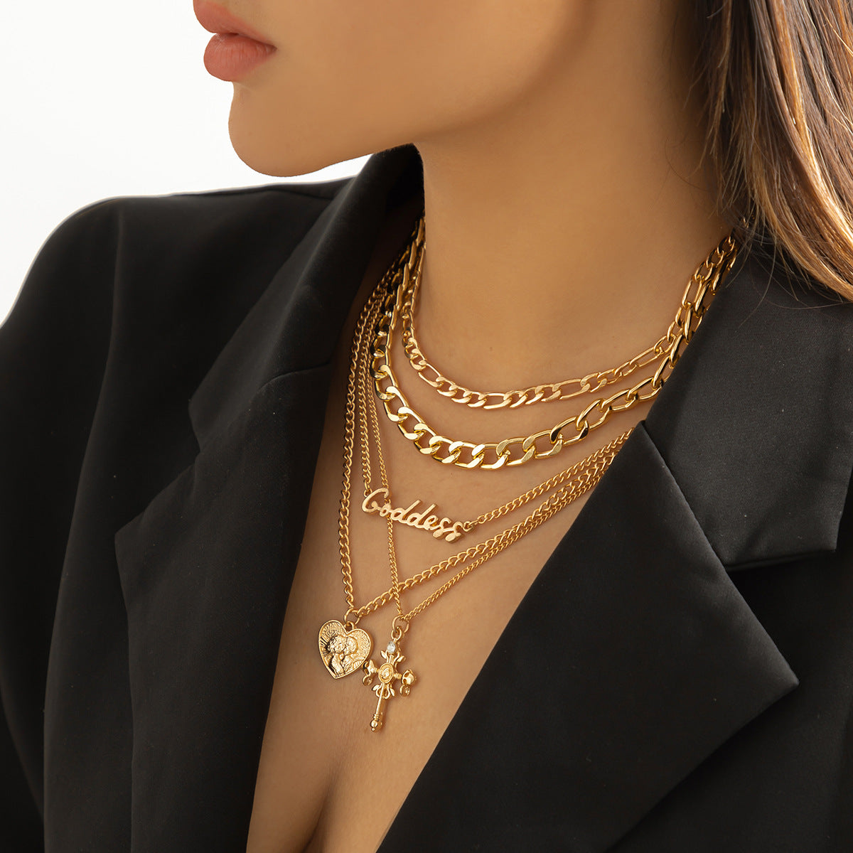 Vintage Letter, Cross & Portrait Layered Necklace