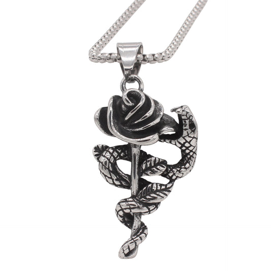 Planderful Jewelry Titanium Steel Snake Pendant For Men With Rose Motif Personalized European Style