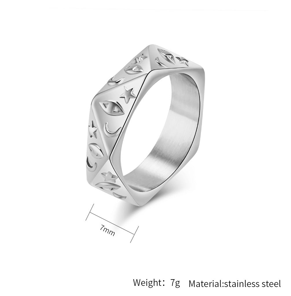 Planderful Titanium Steel Ring For Men Bold Moon Eyes Star Design Everyday Genie Collection
