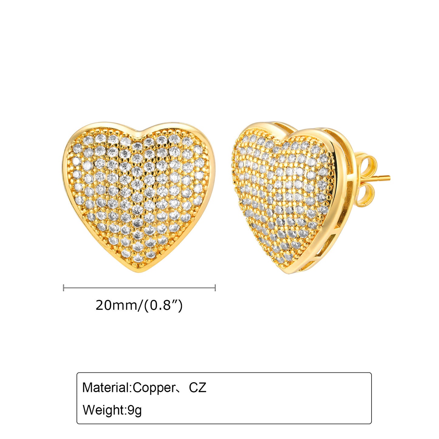 Jewelry Copper With Zircon Heart Stud Earrings In 18K Gold