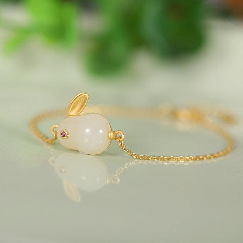 Sterling Silver Rabbit Bracelet with Natural Hotan Jade Inlay