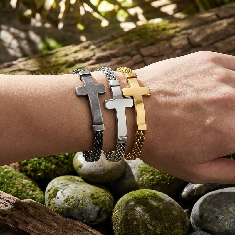 Strap Chain Bracelet – Street Shot Mesh Chain With Extension Chain Cross Curved Bar