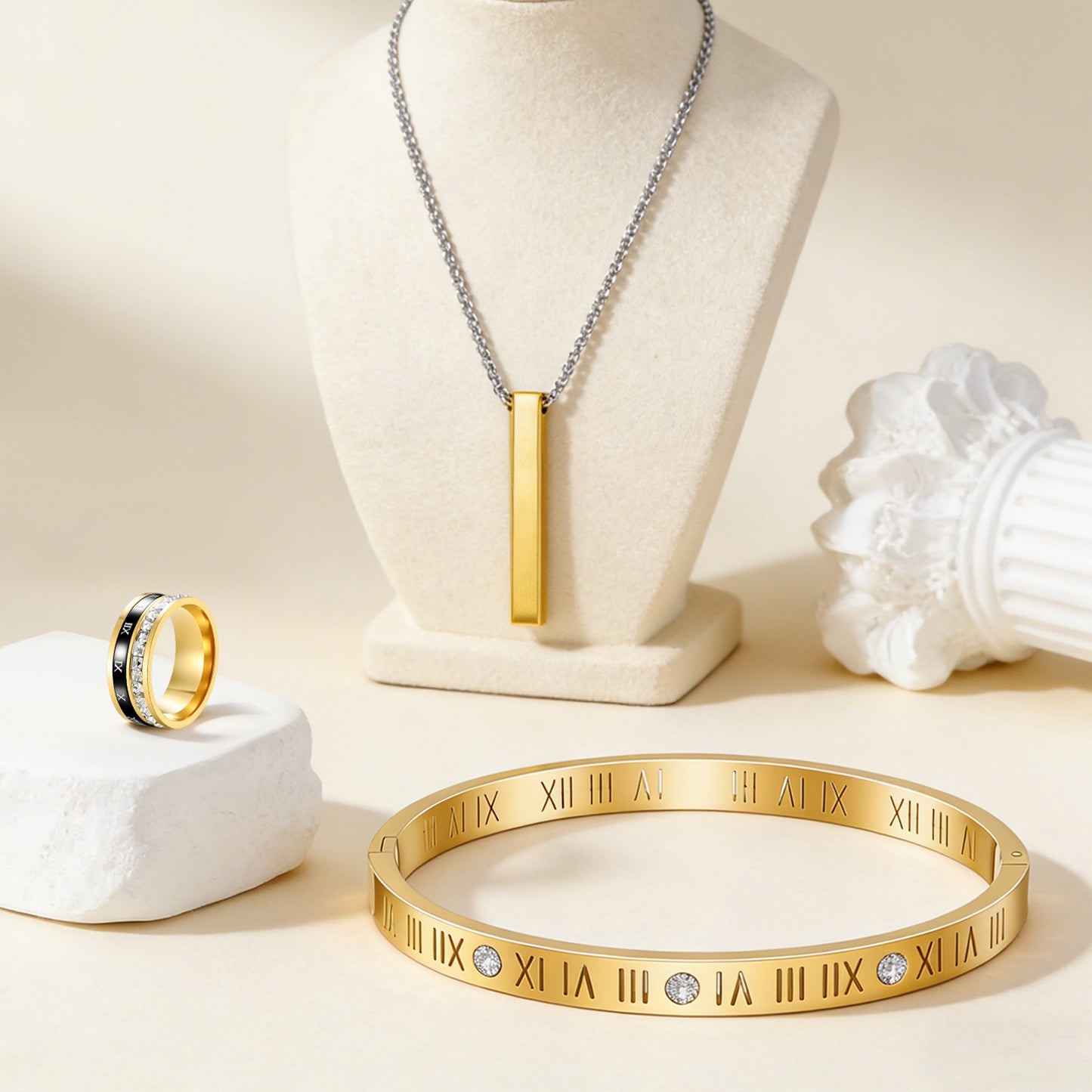 Roman Numeral Ring Bracelet Necklace Set by Planderful Everyday Genie Stainless Steel Personalized Jewelry for Women