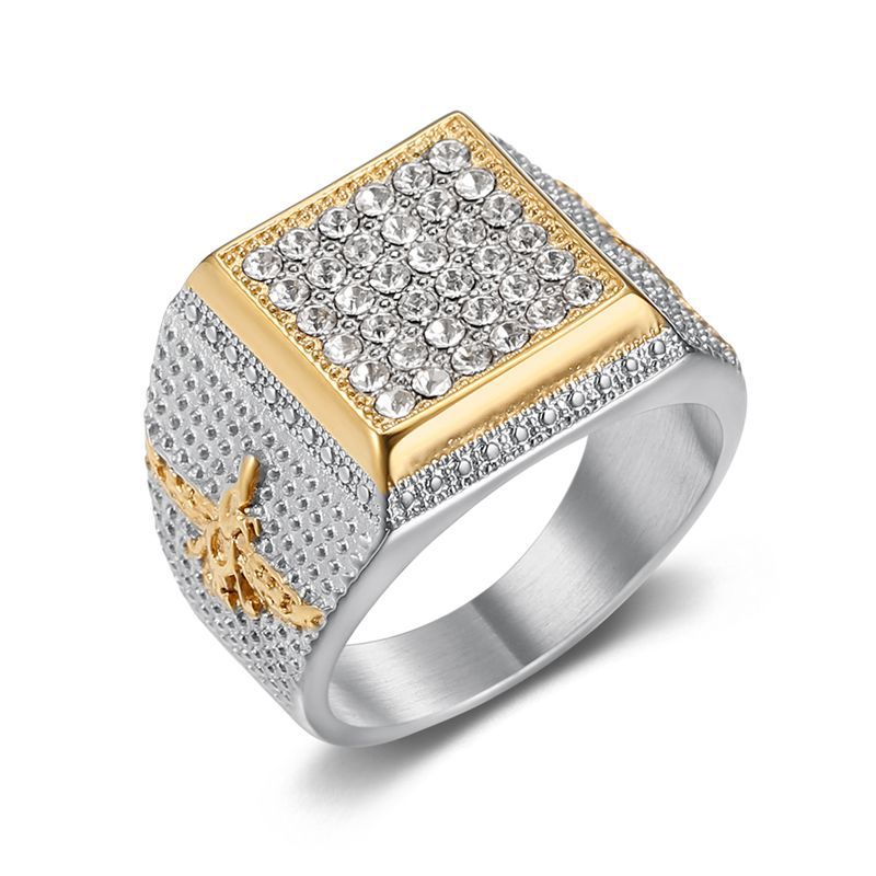 Planderful Hip Hop Ring Titanium Steel Gold Plated Zircon For Men Bold Urban Accessory