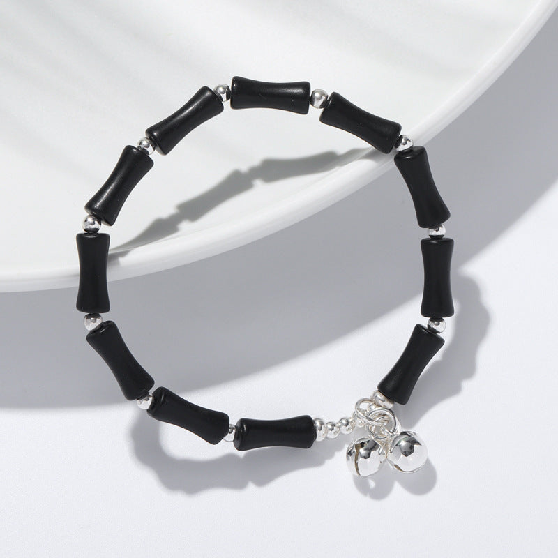 Layered Bamboo Crystal Bracelet with Natural Black Stone for Girls